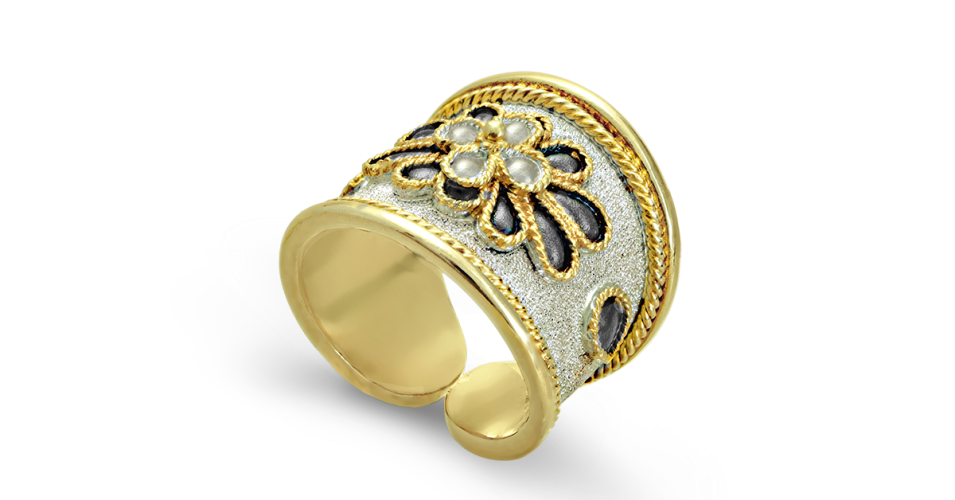 Black and White Byzantine Flower Ring